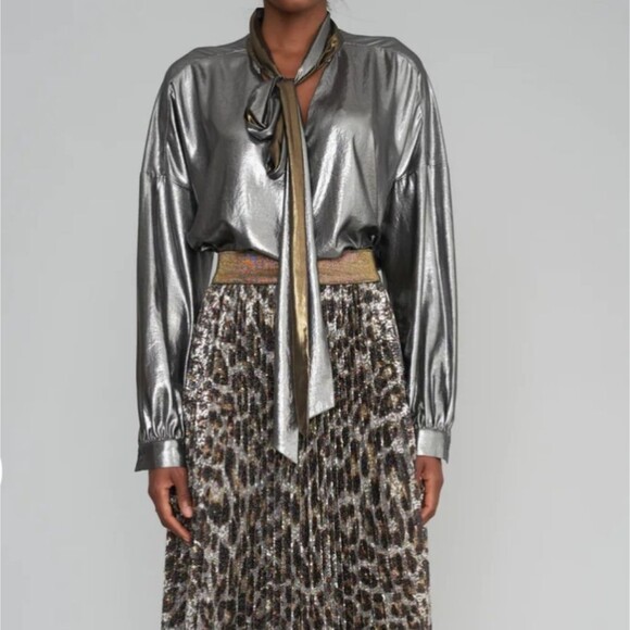 Le Superbe Costes Tie Front Metallic Vintage Gold Pewter Blouse Women's Medium - Picture 2 of 12